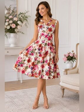 Hearts & Roses Floral Fit & Flare Dress Sz 8 Vintage-Inspired Garden Party